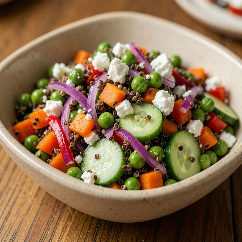 Tábua de corte com tomate, pepino, cebola roxa e pimentão picados.