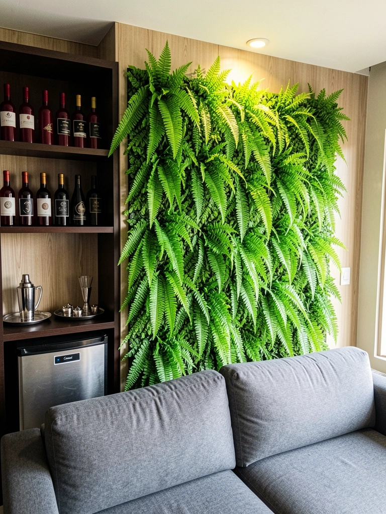 Sala de estar com sofá cinza e parede coberta por painel de folhagens artificiais, luz natural entrando pela janela.