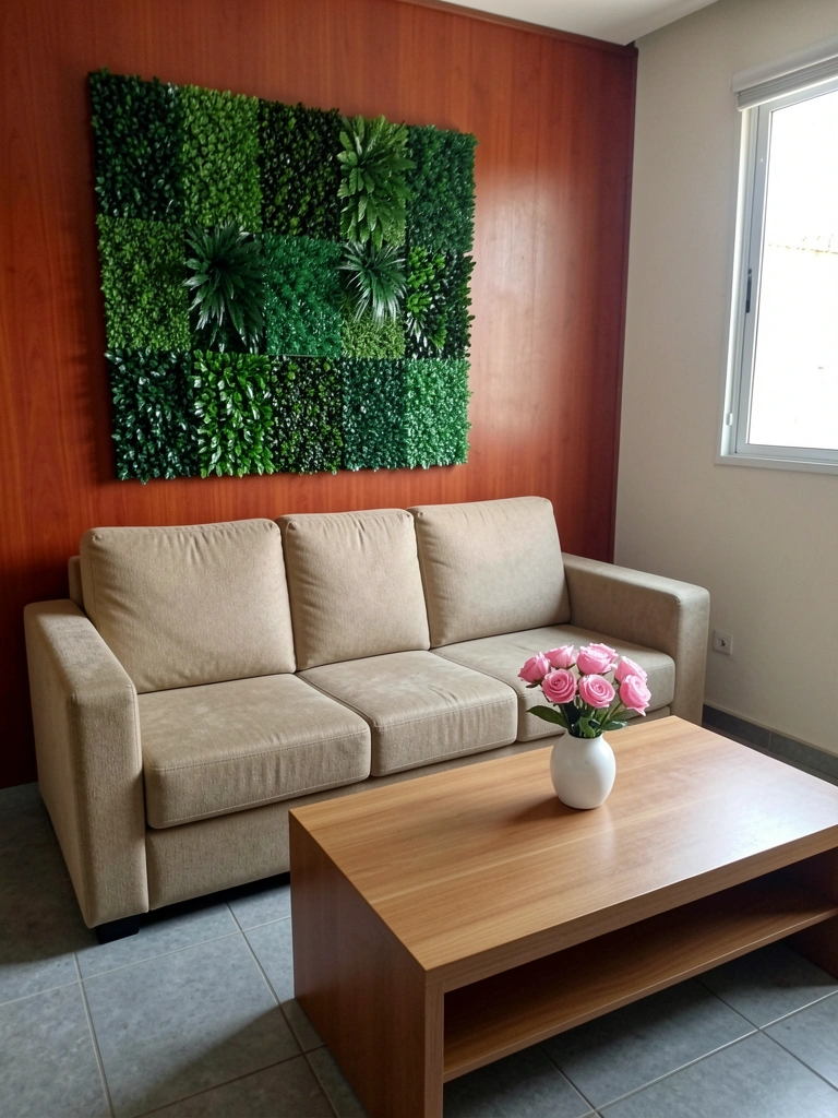 Sofá bege encostado em parede com painel quadrado de folhas verdes artificiais e mesa de centro de madeira.