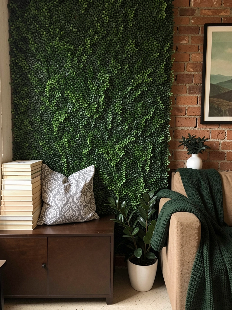 Painel verde com flores artificiais rosas e roxas fixado em parede de tijolos aparentes.