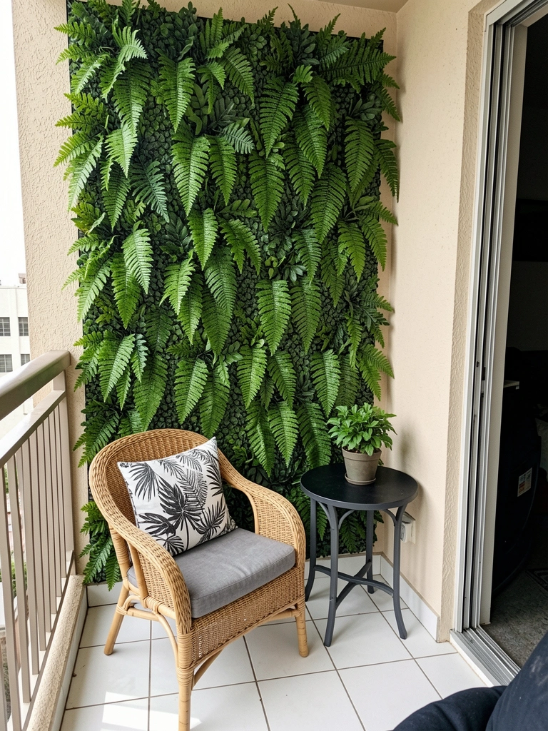 Cabeceira com plantas artificiais iluminadas por LED, quarto escuro com luz suave.