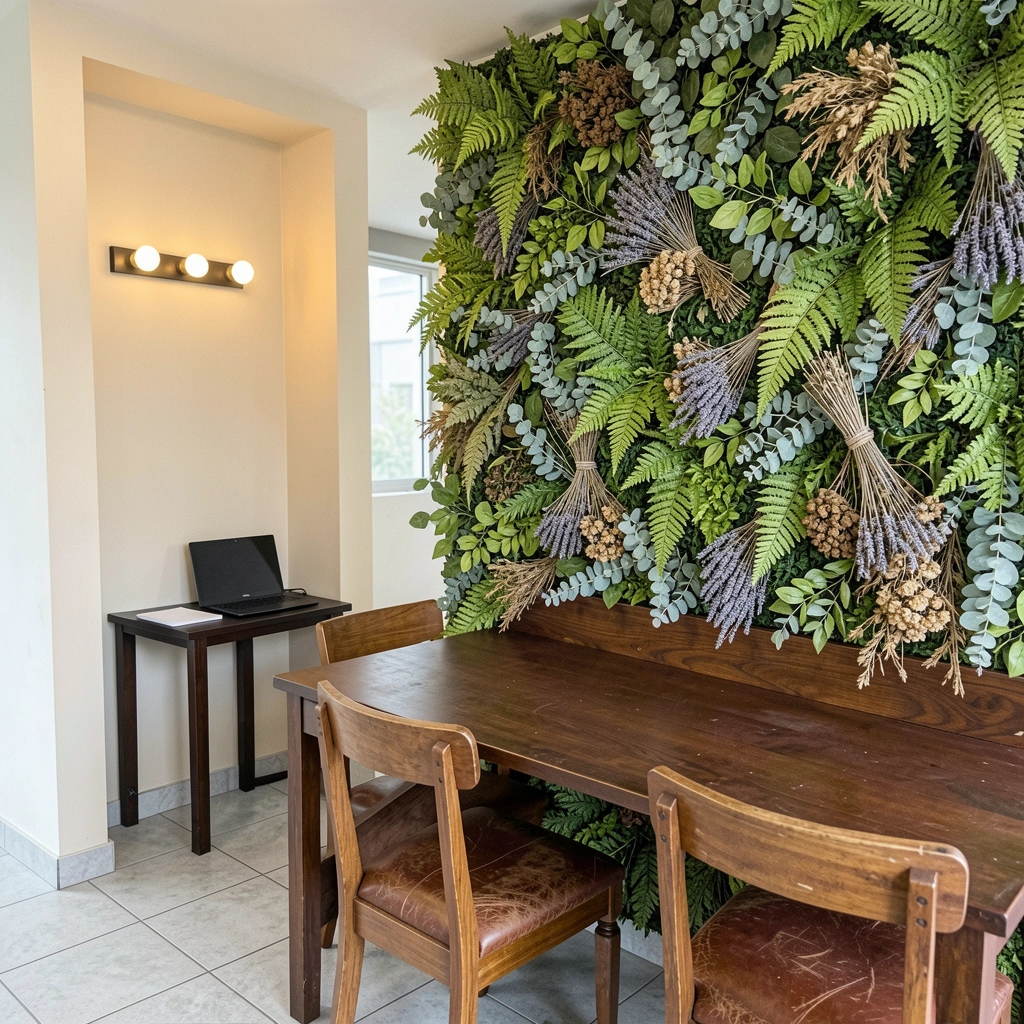 Detalhe de ramos de lavoura e eucalipto secos em painel artificial, com flores roxas entre folhas verdes.