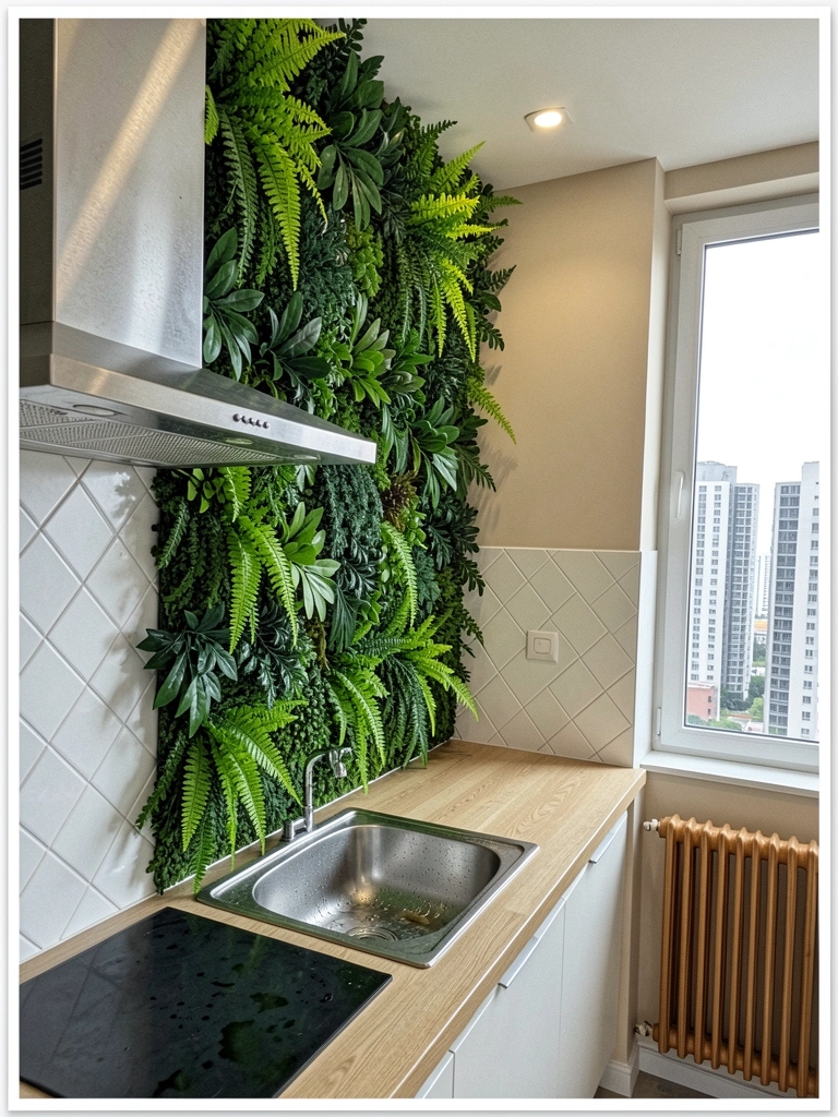 Mesa de escritório com computador, parede com placa quadrada de plantas artificiais e prateleira ao fundo.