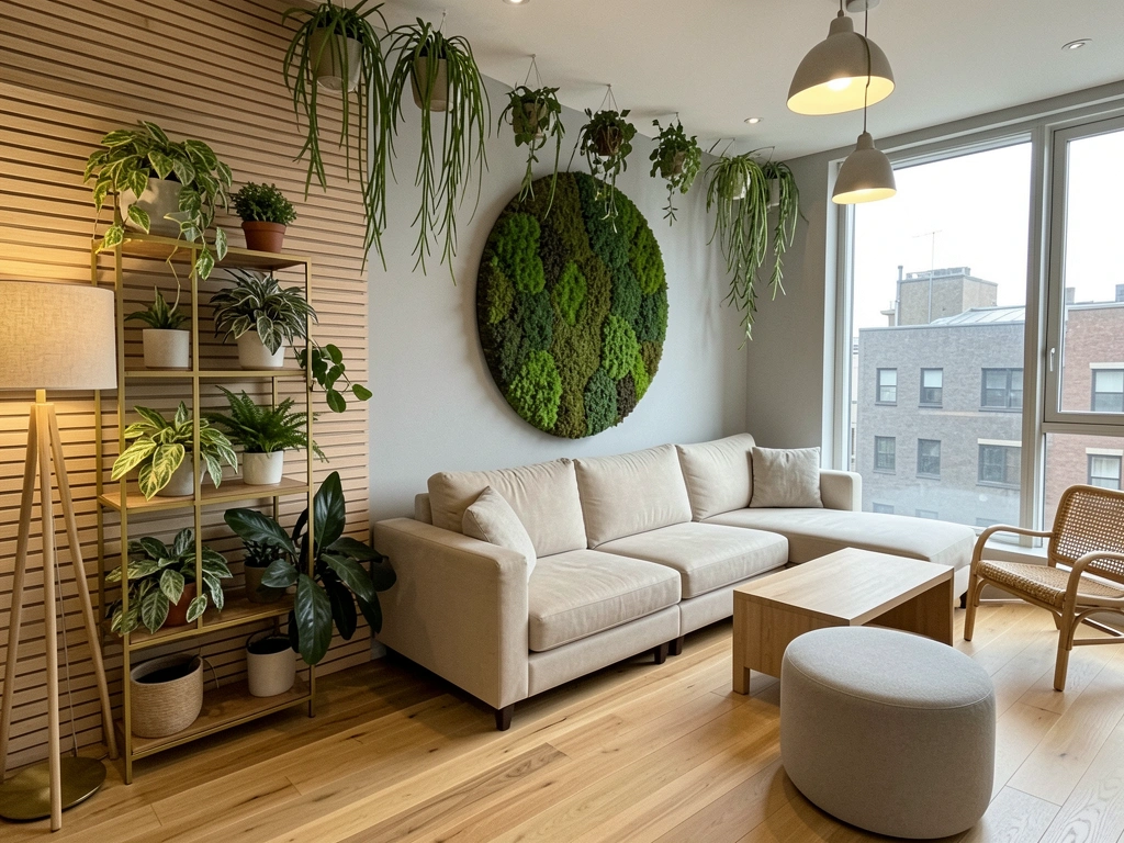 Parede externa de edifício com painel verde artificial exposto ao sol e varanda com plantas.