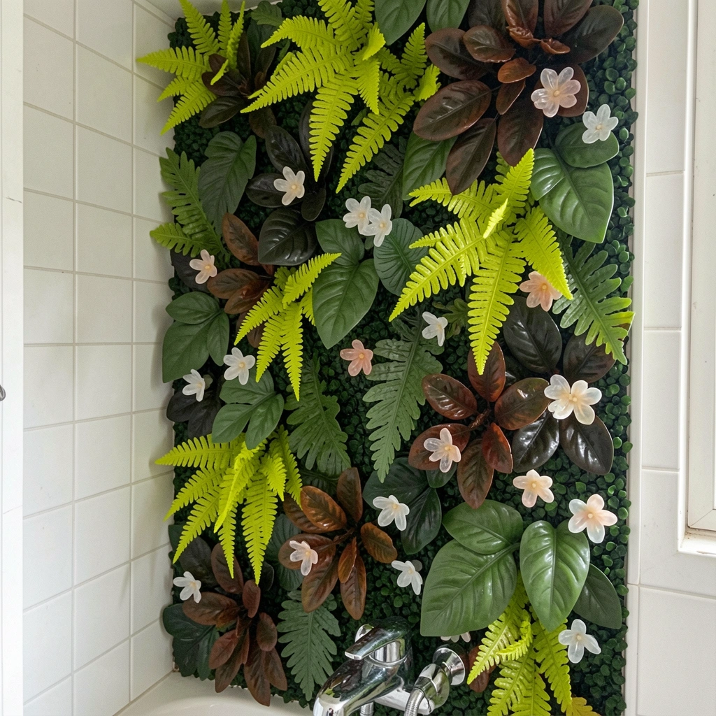 Banheiro com azulejos brancos, parede do box com painel de plantas artificiais e torneira cromada.