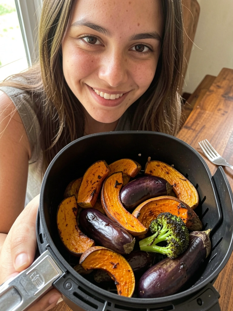Pessoa segurando cesto de airfryer com legumes dourados, sorrindo.