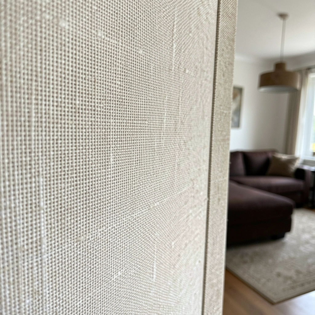 Sala com sofá marrom escuro, parede linho bege, luminária pendente e tapete neutro.