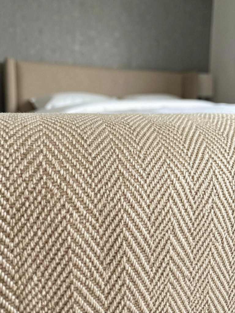 Quarto com cama de casal, cabeceira estofada e parede com papel linho cinza, roupa de cama branca.