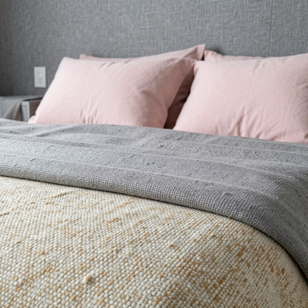 Cama com almofadas rosa claro e manta cinza, parede de linho cinza ao fundo.