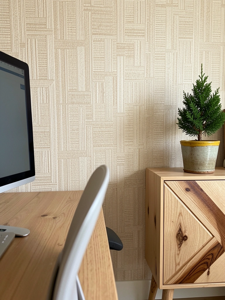 Mesa de madeira com computador, cadeira ergonômica e parede revestida em papel linho na cor ferrugem.