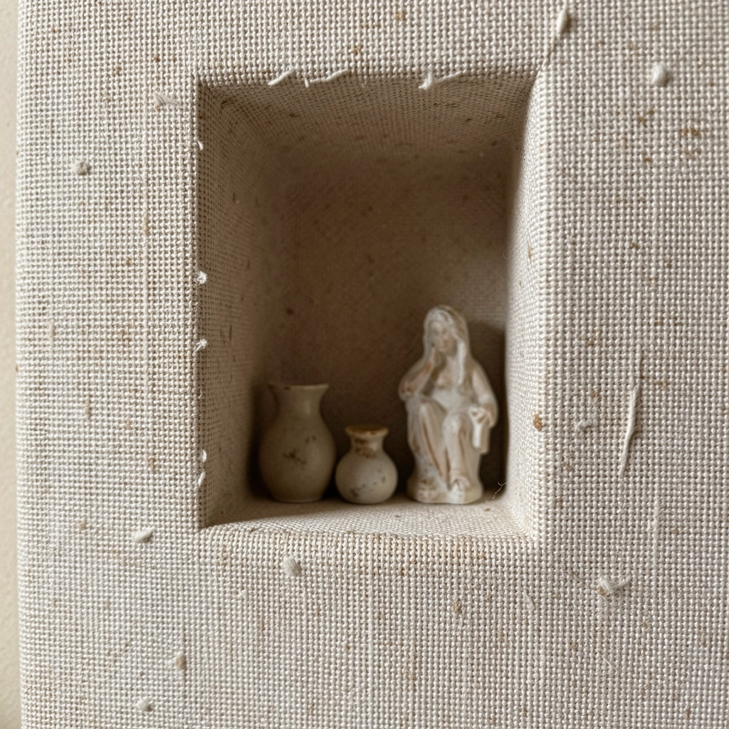Nicho de gesso revestido com papel adesivo linho, contendo vaso e livros.