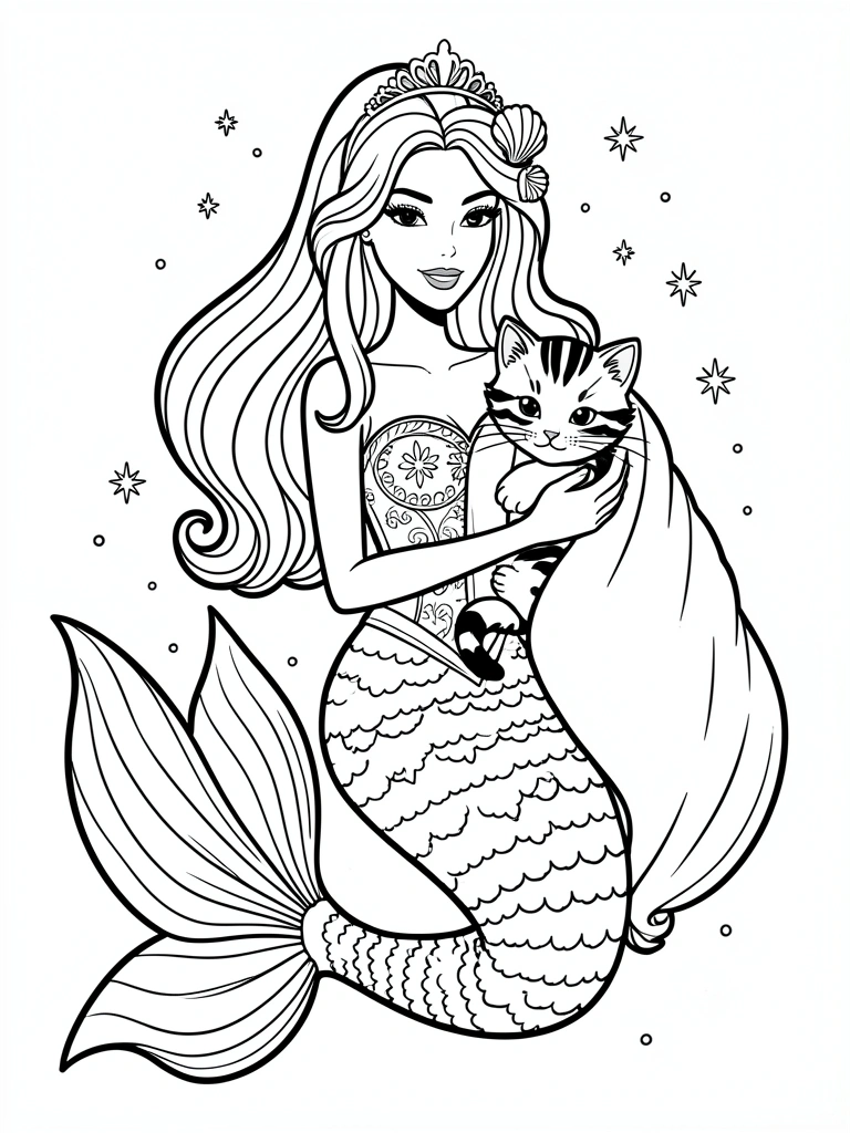 Desenho da Barbie como sereia, com cauda e conchas no cabelo, em preto e branco.