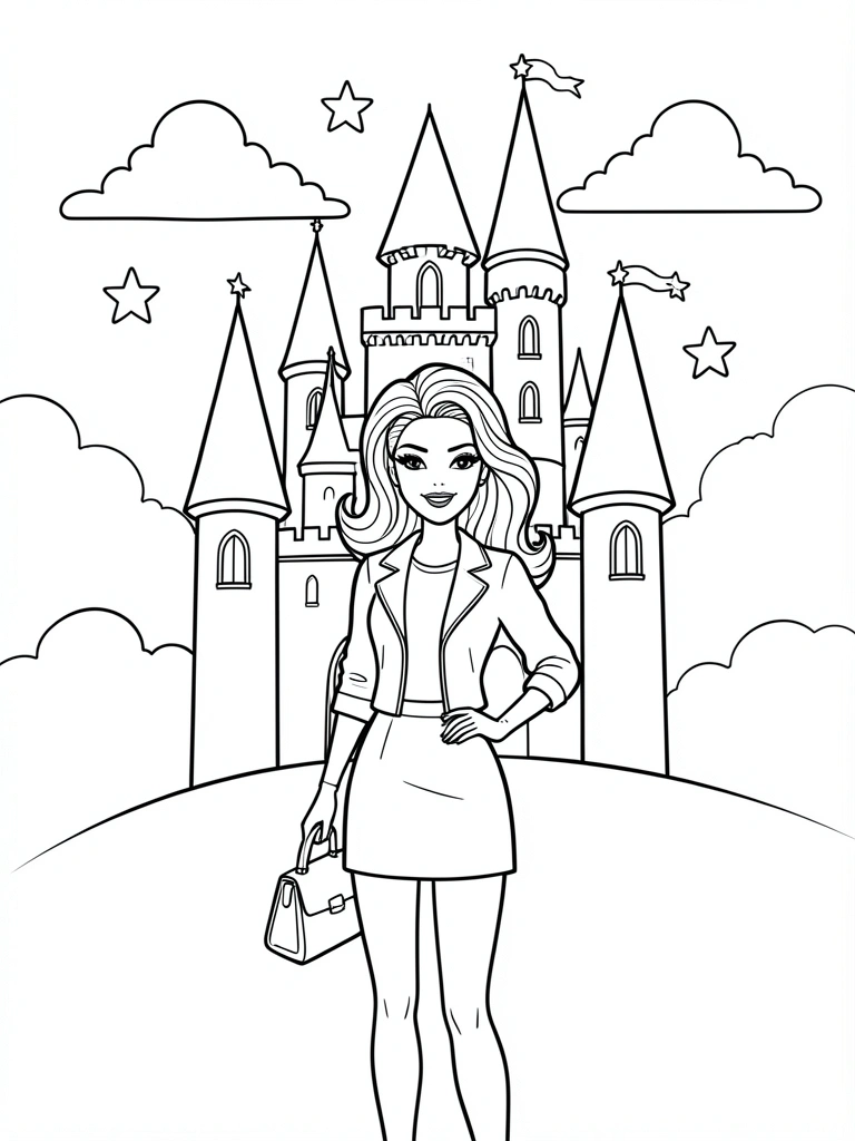 Barbie em frente a um castelo com torres e nuvens ao fundo.