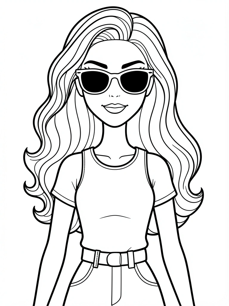 Barbie com roupa moderna e acessórios, desenho com linhas simples.
