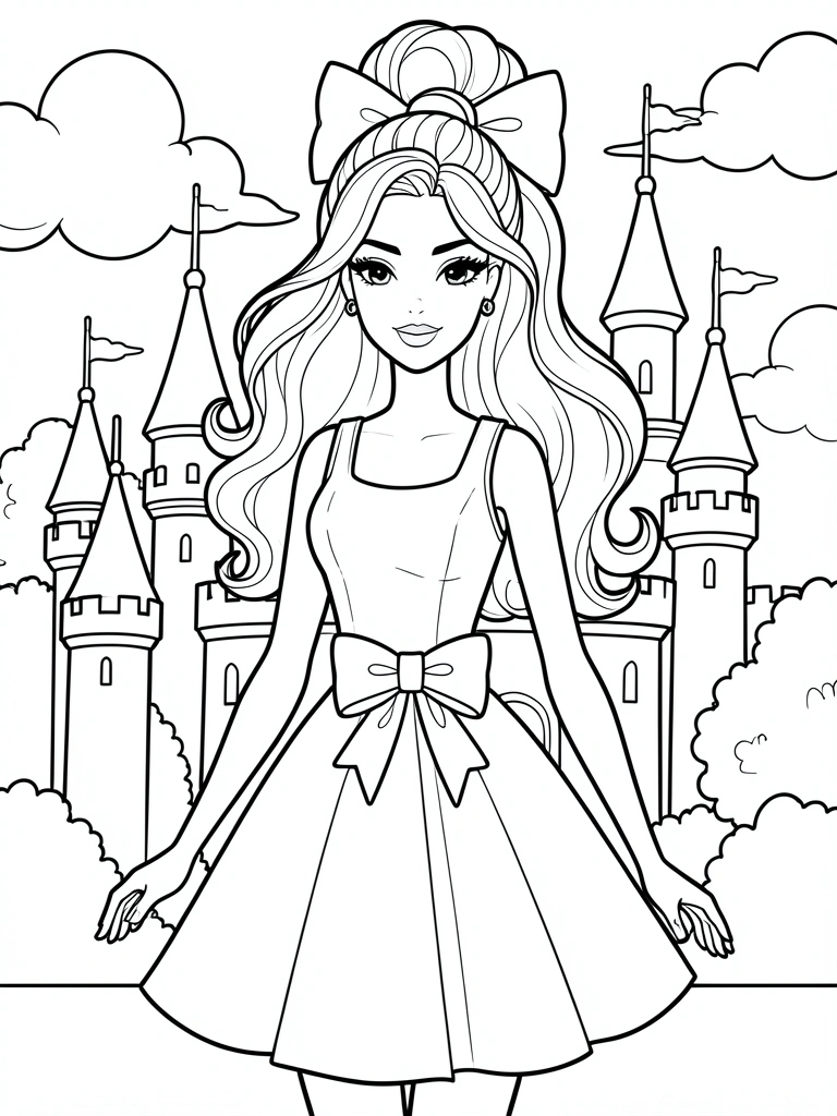 Barbie em pé diante de um castelo com torres, nuvens ao fundo.
