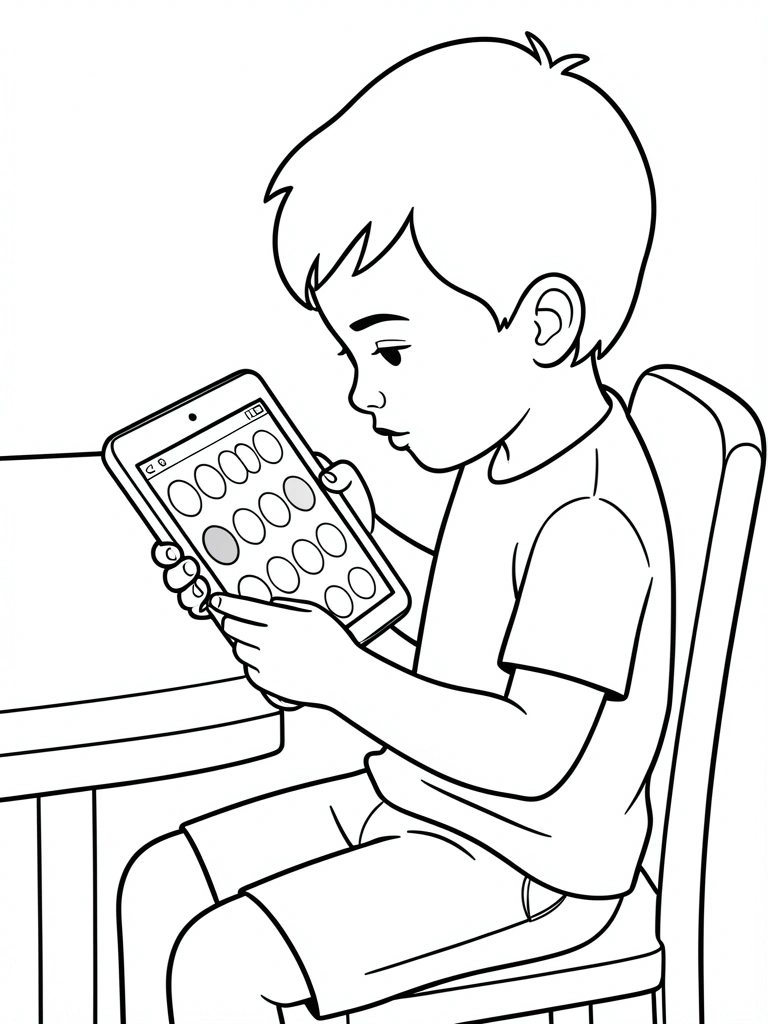 Criança segurando tablet com aplicativo de colorir aberto, paleta de cores na tela.