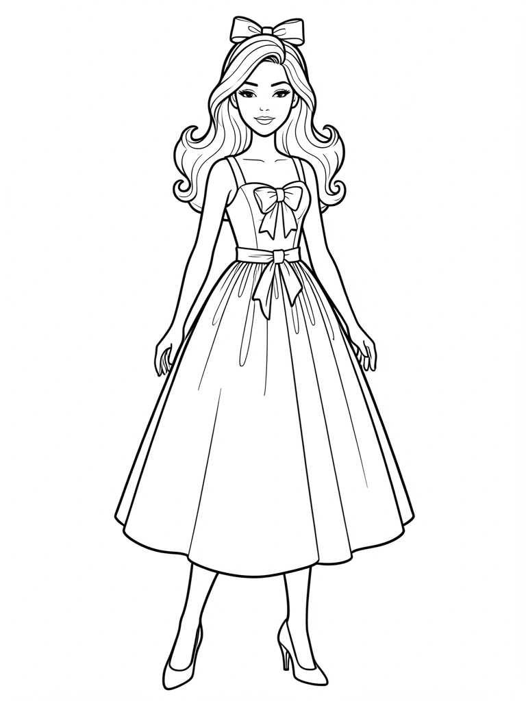 Barbie com coroa e vestido longo, contornos nítidos para colorir.