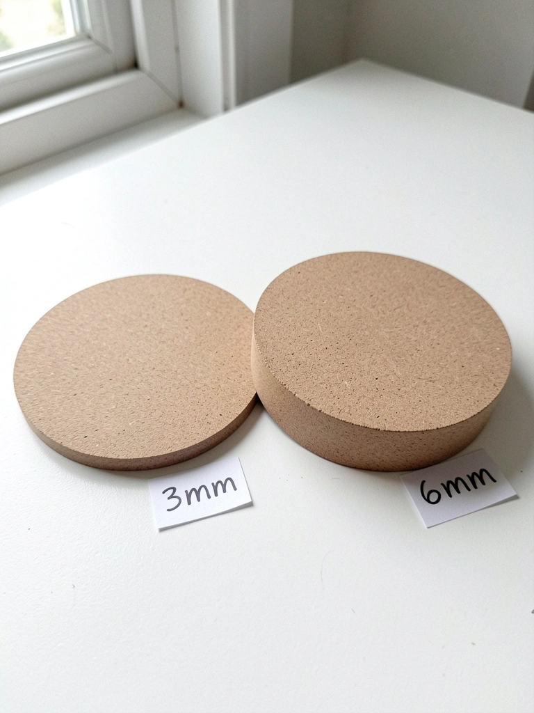 Duas bases redondas de MDF lado a lado, uma fina e outra grossa, com etiquetas indicando 3mm e 6mm.