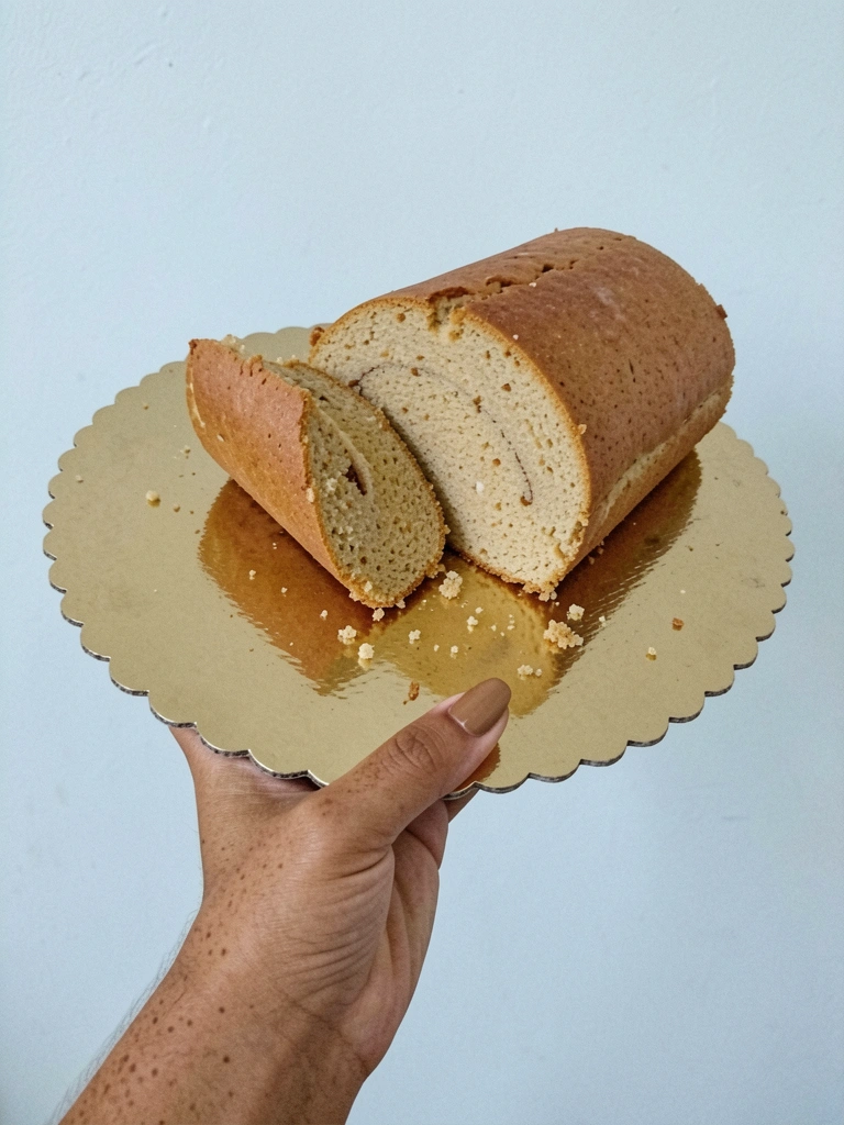 Rocambole sobre base retangular grande, com fatias sendo cortadas.