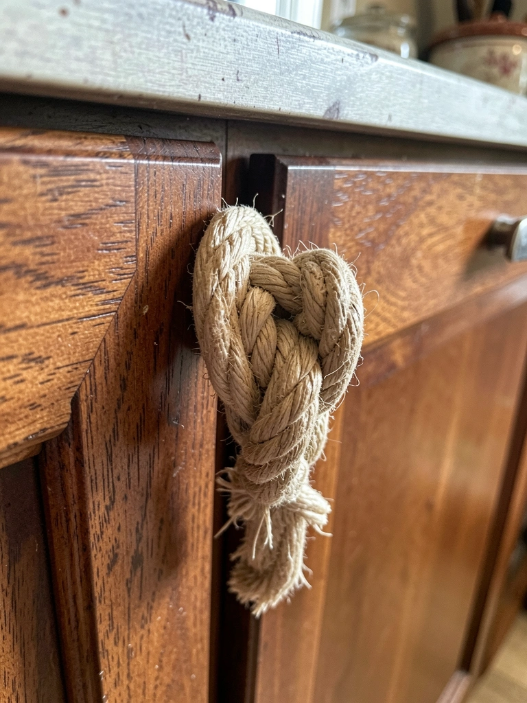 Puxador de corda grossa com nó decorativo em armário de cozinha, acabamento rústico.