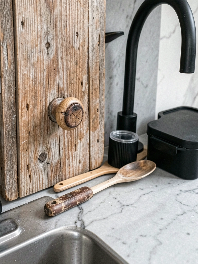 Puxador de madeira rústica com nó aparente fixado em armário de demolição com textura natural.
