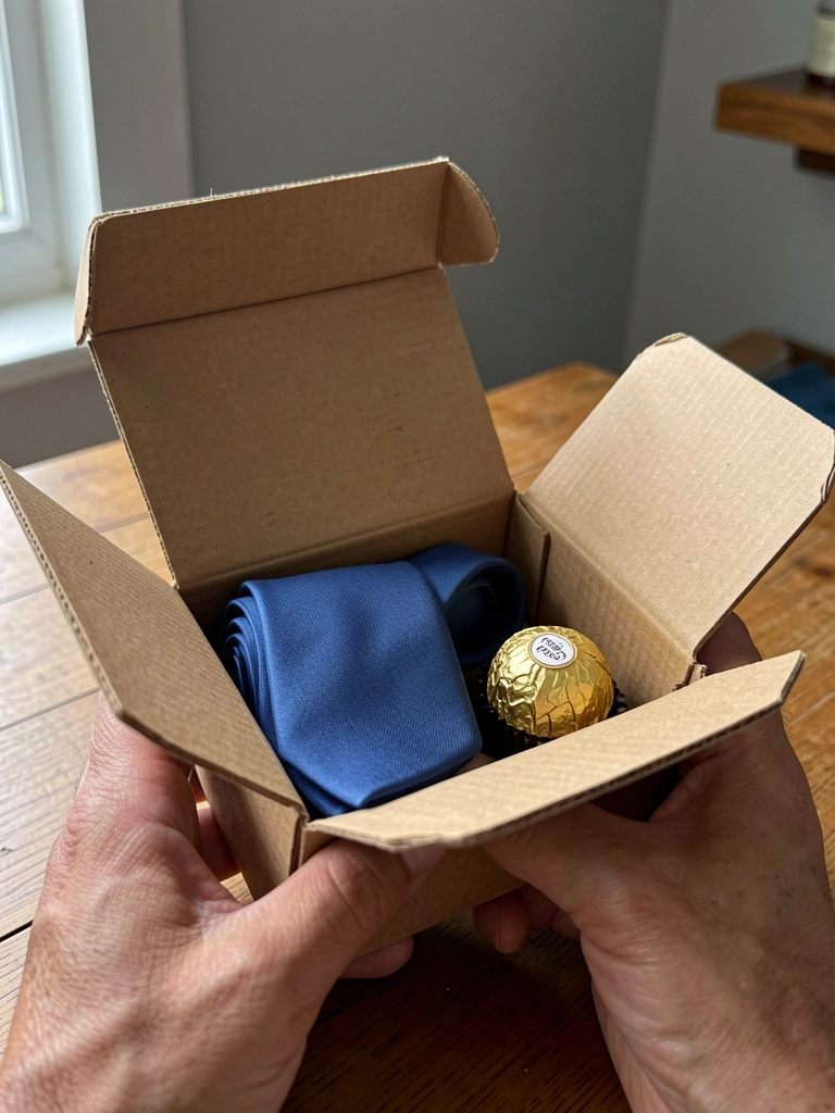 Caixa de papelão aberta com gravata azul e bombom Ferrero Rocher dentro.