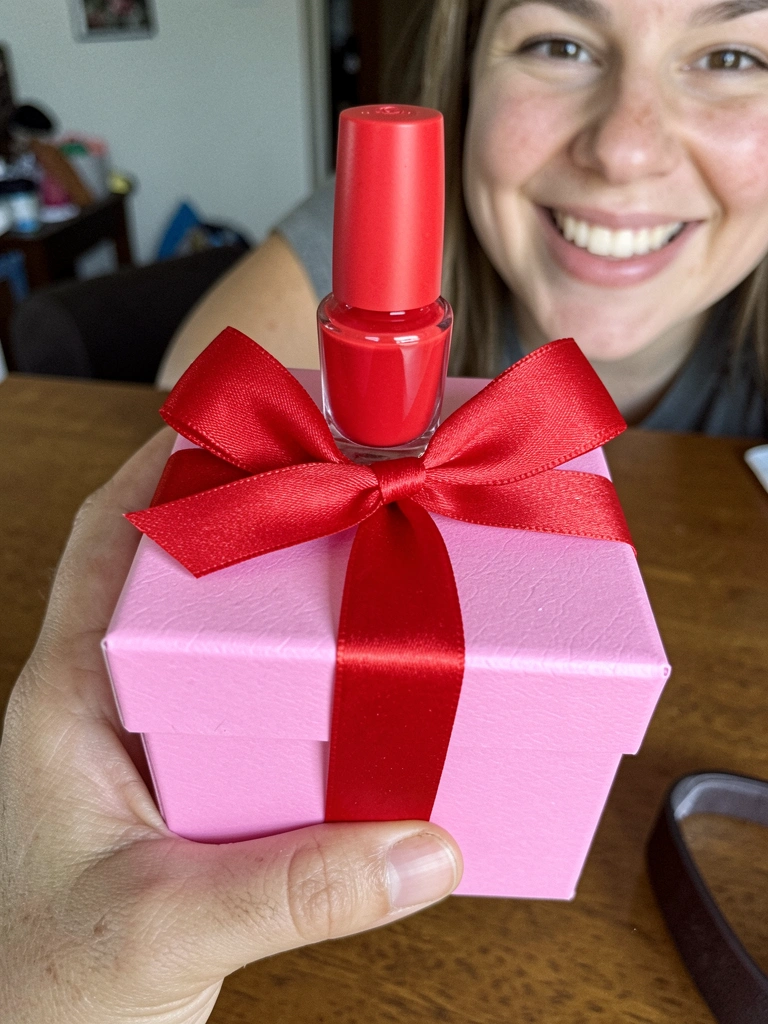 Caixa rosa com esmalte vermelho e laço de cetim sobre superfície clara.