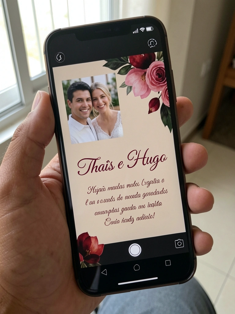 Smartphone exibindo convite digital com foto de noivos e texto.