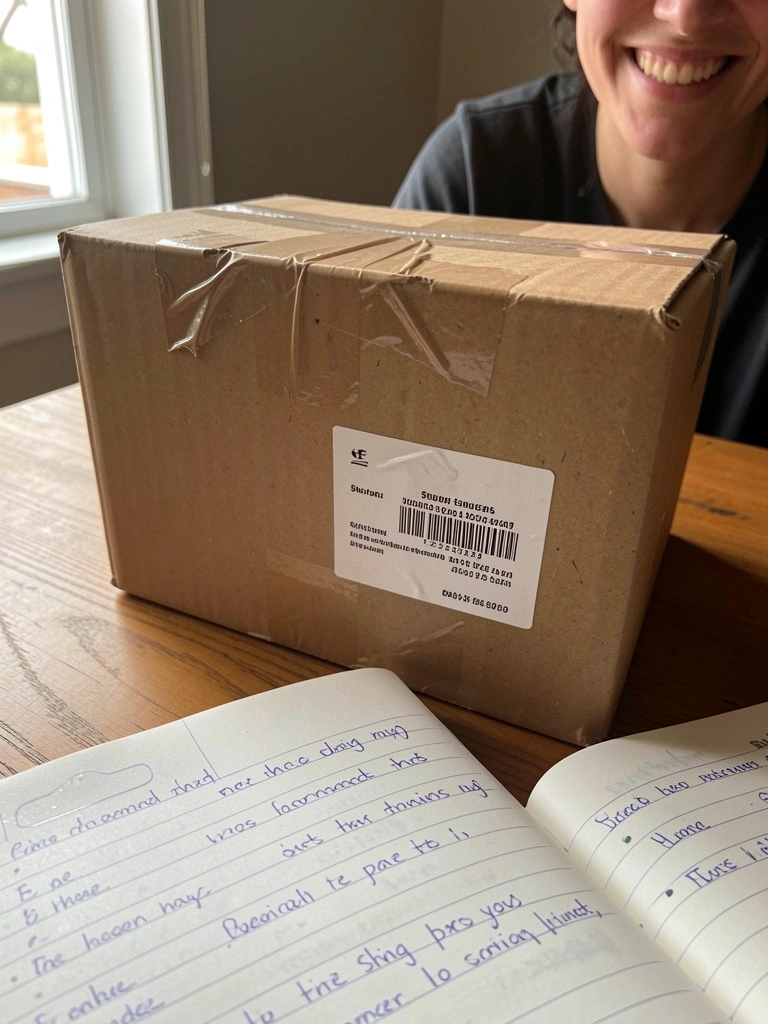 Caixa de papelão com selo e fita adesiva ao lado de um notebook aberto.