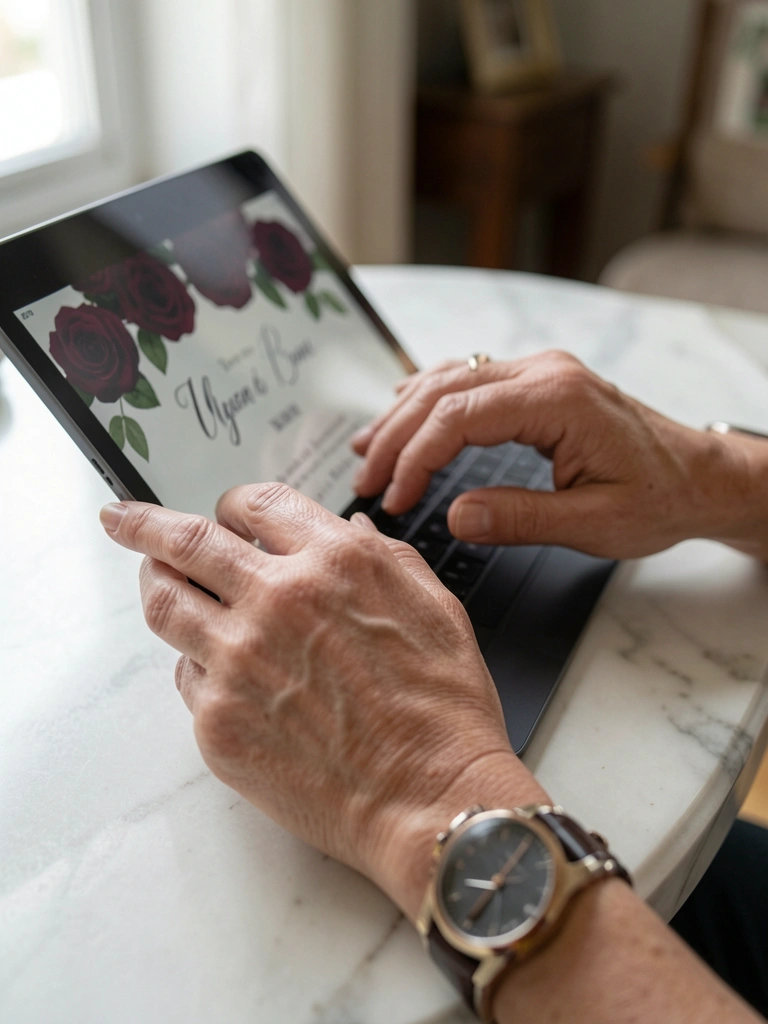 Mão digitando em tablet com relógio no pulso visível.
