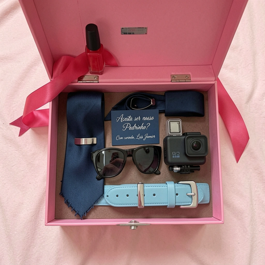 Caixa rosa com esmalte vermelho e laço de cetim sobre superfície clara.
