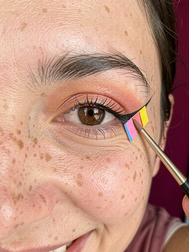 Rosto feminino com sardas desenhadas a lápis e pincel fino ao lado.