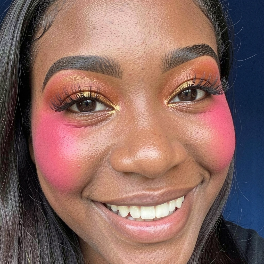 Mulher sorrindo com blush forte nas maçãs do rosto e bochechas coradas.