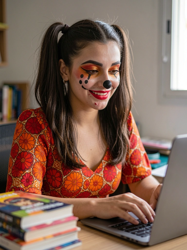 Mulher jovem digitando em notebook com expressão concentrada, pilha de livros ao lado.