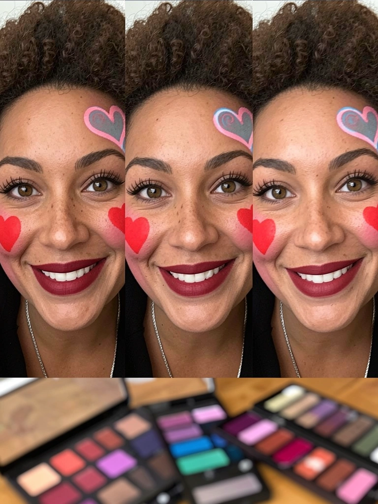 Três paletas de sombras abertas sobre uma mesa, com cores vibrantes.