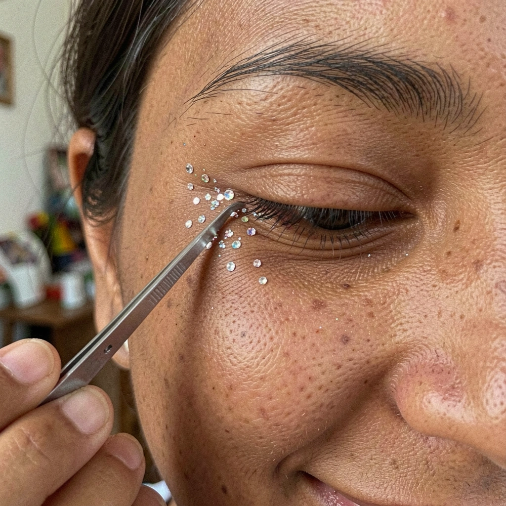 Close-up de olho com glitter e pedrarias sendo aplicadas por uma pinça na pálpebra.