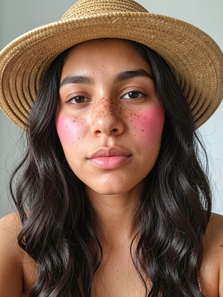 Criança com sardas falsas e blush corado usando chapéu de palha.