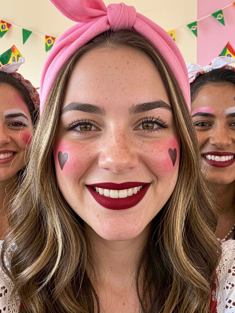Mulheres com maquiagem colorida de festa junina, bandeirinhas ao fundo.