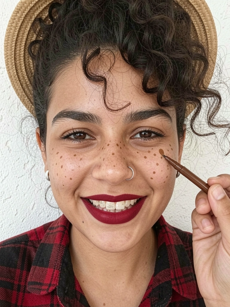 Caneta delineadora marrom aplicando pintinhas no rosto de uma pessoa.