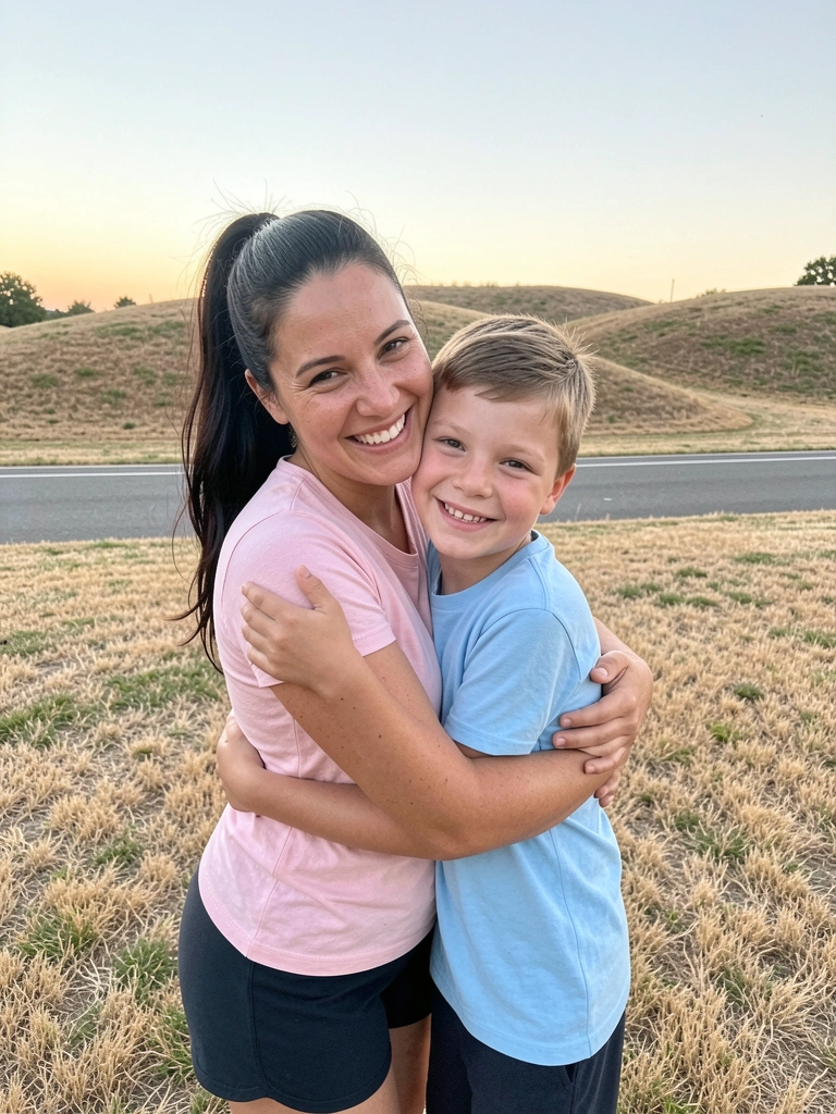 Mãe e filho abraçados em um parque, sorrindo sob luz do sol suave.