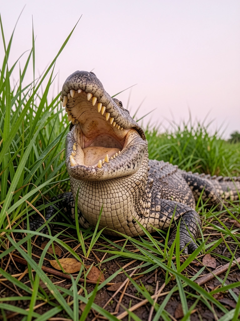 Jacaré emergindo de água escura com olhos brilhando sob a lua cheia.