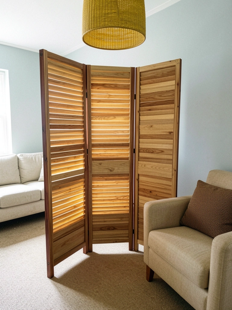 Sala de estar com biombo de madeira ripado sanfonado, luz natural filtrada pelas ripas, sofá ao fundo.