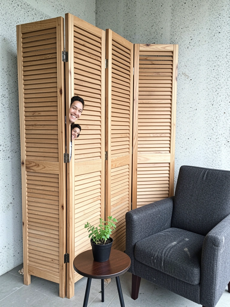 Varanda com biombo de madeira treliçado e vasos de plantas pendurados na estrutura.