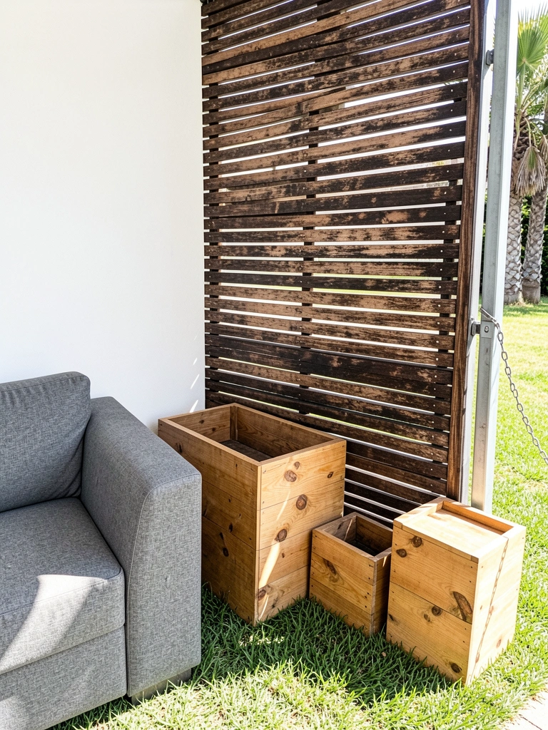 Sala com biombo de madeira reciclada, parede branca e sofá cinza, contrastando texturas rústicas e modernas.