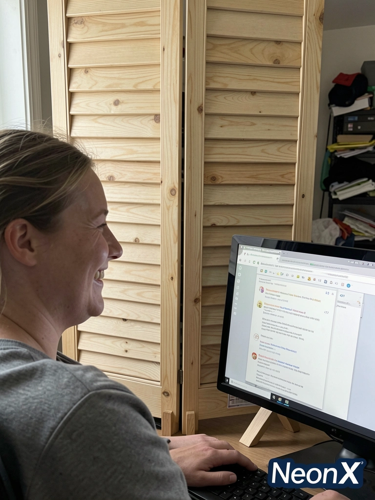 Pessoa sentada em home office, tela com 47 e-mails, biombo ao fundo escondendo bagunça.