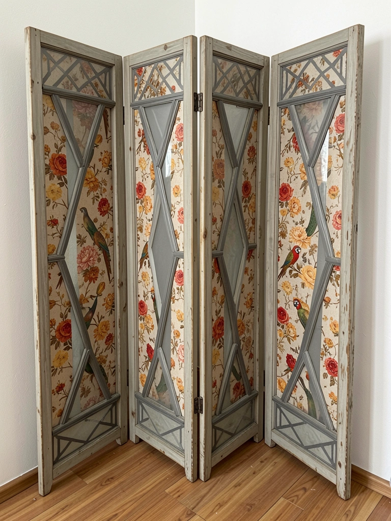 Biombo de duas folhas dobrado no canto de uma sala com parede clara e piso de madeira.