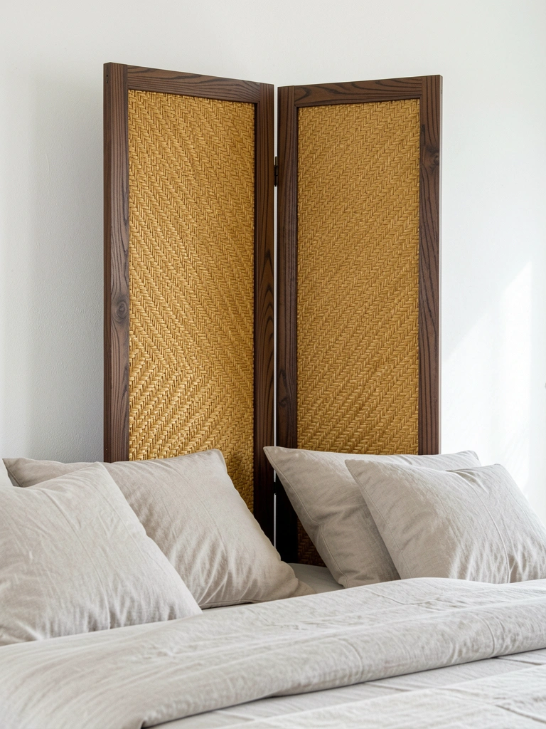 Quarto com biombo ripado de madeira atrás da cama, travesseiros e colcha.