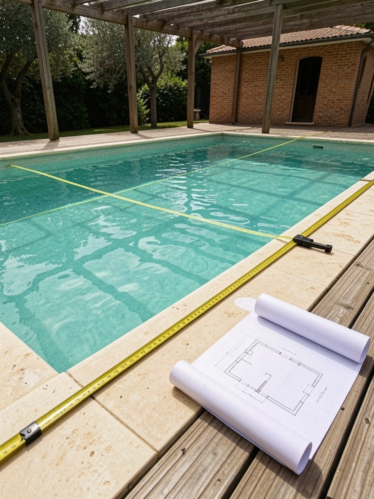 Fita métrica esticada sobre a borda de uma piscina, com planta baixa ao lado sobre uma superfície plana.