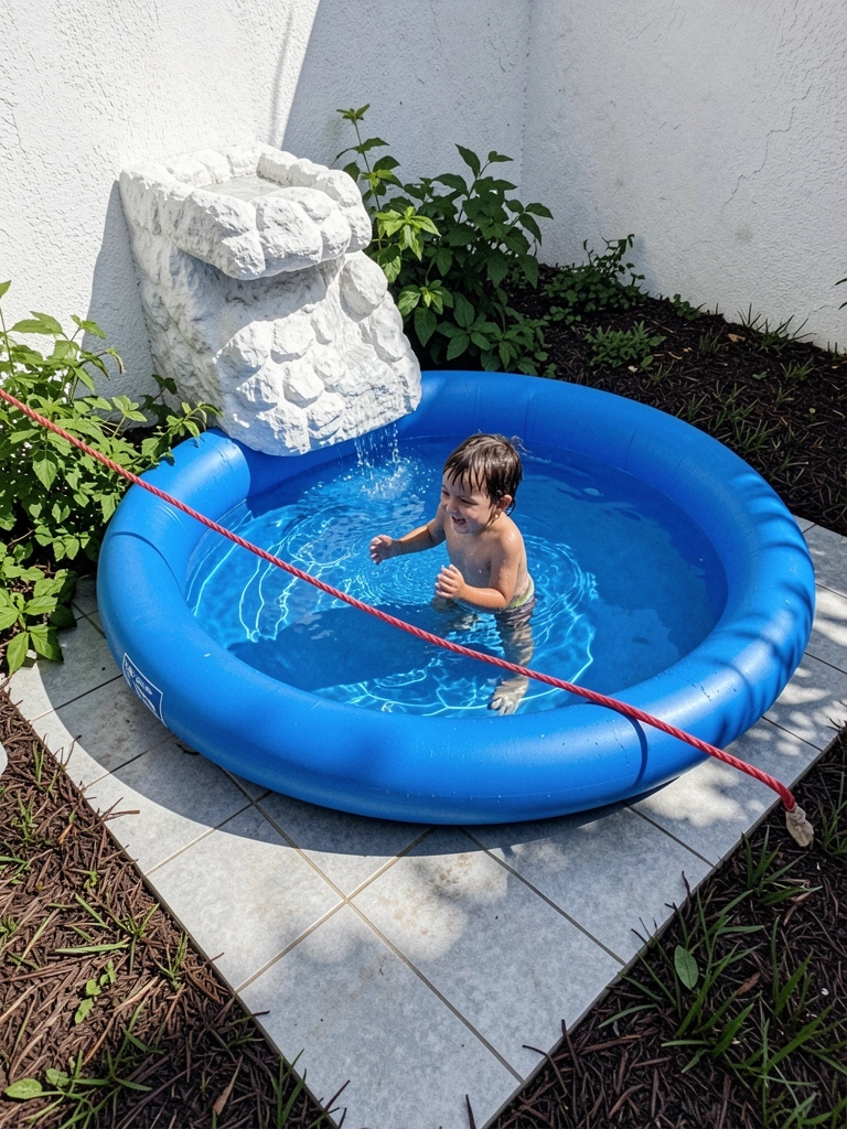 Piscina inflável redonda montada em quintal pequeno, com criança brincando dentro.
