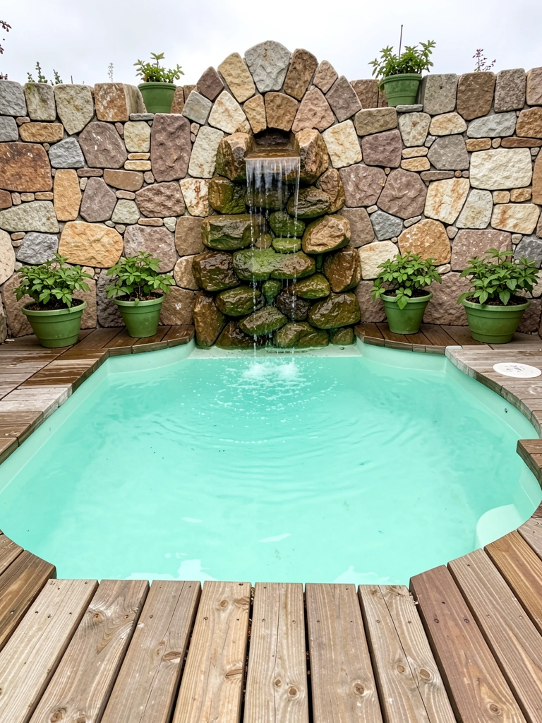 Cascata de pedra saindo de parede decorativa sobre piscina pequena.